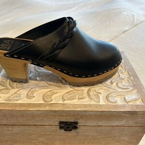 MIA Swedish Black Leather Mule Clog with Tan Wooden Heel size 38